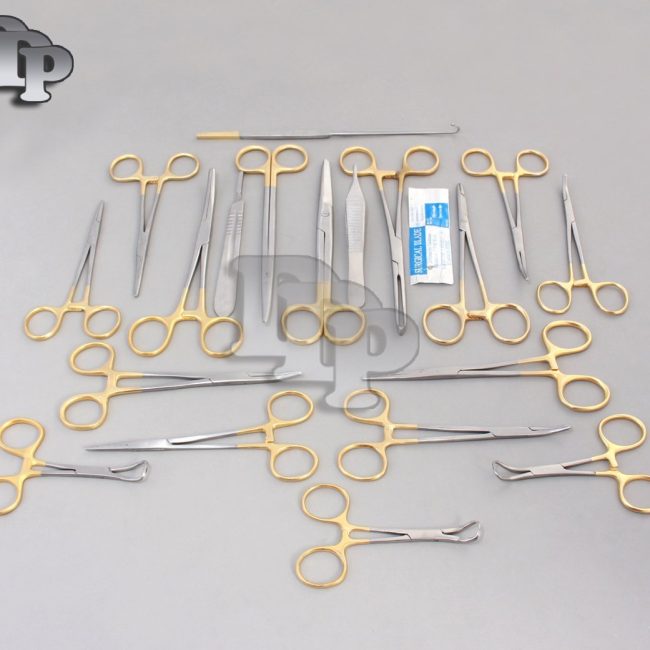 24 GOLD HANDLE FELINE CANINE STUDENT DISSECTION SPAY PACK KIT WITH BLADES #21