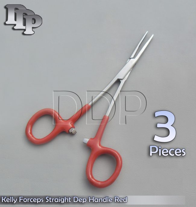 3 Hemostats Kelly Forceps Surgical Instruments, Red Dep Handle 5.50" Straight