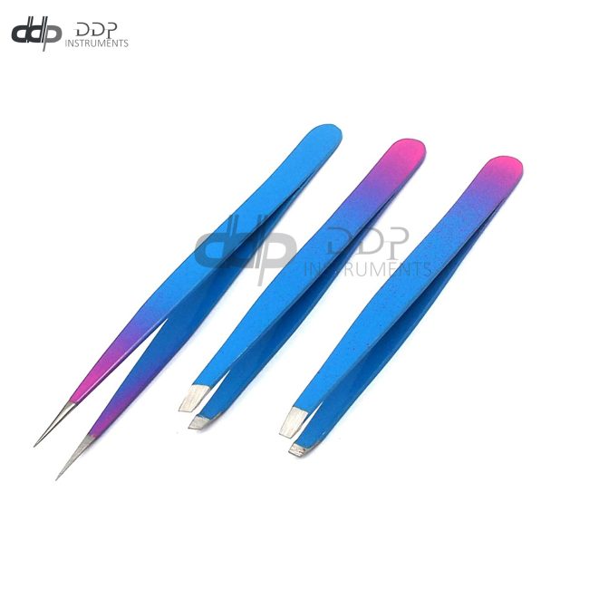 3 Slant & Pointed Tweezers Set Eyebrow Facial & Nose Hair (Sky Blue& Pink) Color
