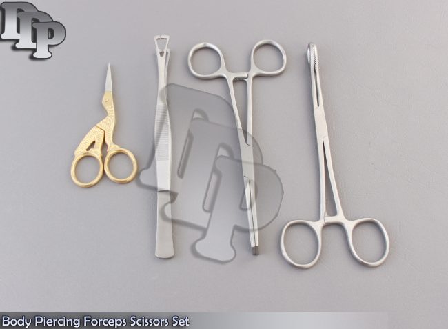 4 Pcs New Body Piercing Forceps Scissors Set SPONGE CLAMP