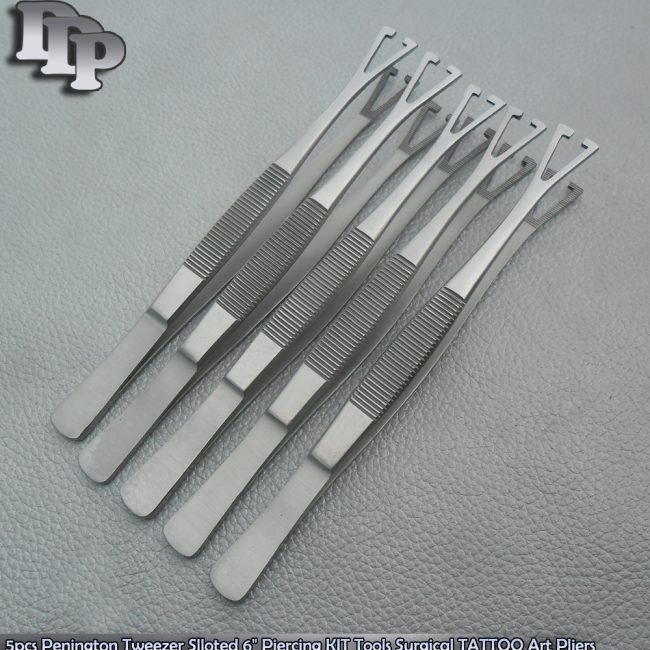 5 pcs Penington Tweezer Slloted 6" Piercing KIT Tools Surgical TATTOO Art Pliers