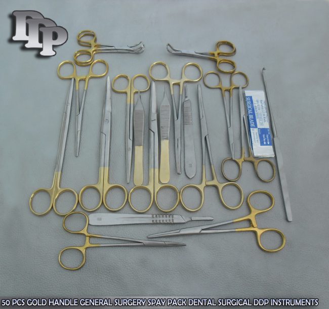 50 PCS GOLD HANDLE GENERAL SURGERY SPAY PACK DENTAL SURGICAL INSTRUMENTS