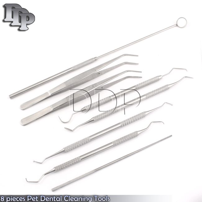 8 pieces Pet Dental Cleaning Tools Scaler Mirror Tweezer Ear Forceps PR-0015