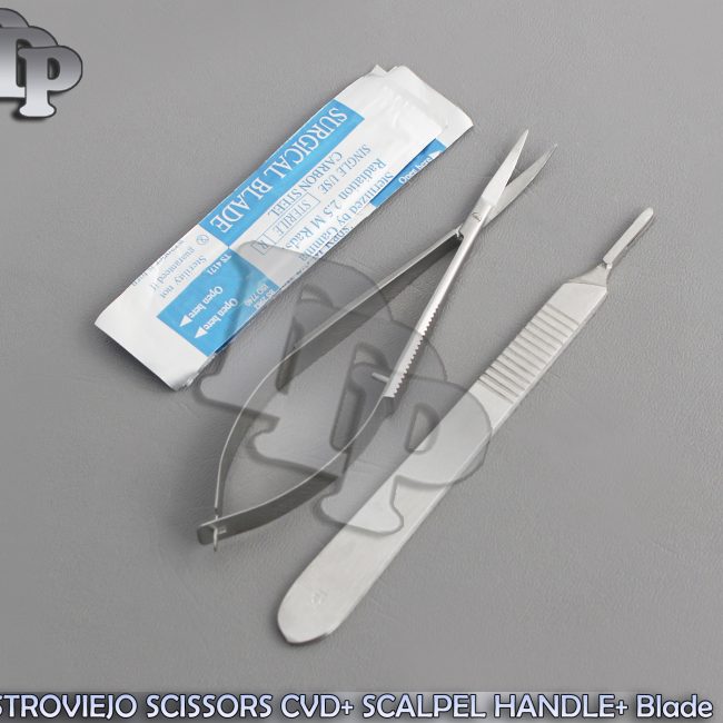CASTROVIEJO SCISSORS CURVED 4.5"+ SCALPEL HANDLE #3 + 5 SURGICAL BLADES #15