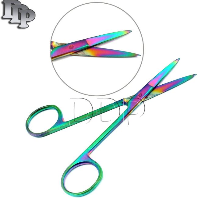 GERMAN IRIS MICRO SURGICAL SCISSORS STRAIIGHT TIP 4.5" MULTI RAINBOW TITANIUM