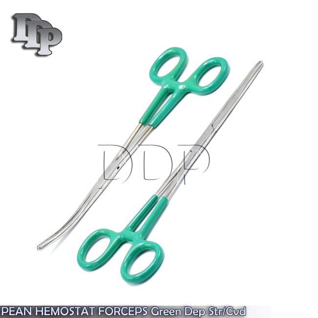 Hemostat Forceps Green Vinyl Grip Handle Straight + Curved Stainless Steel 8"