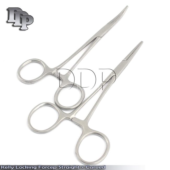 Hemostat Kelly Locking Forceps Straight + Curved Surgical Dental Veterinary Tool