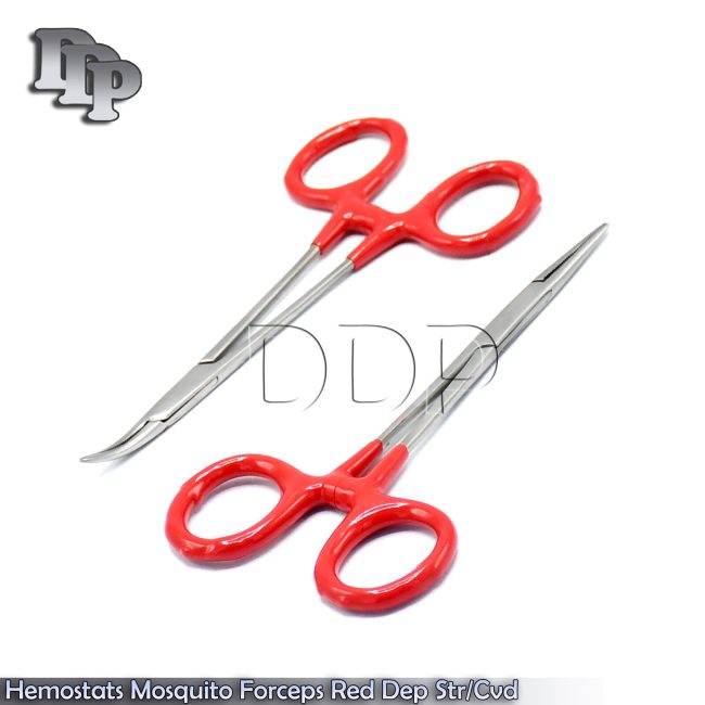 Hemostats Mosquito Forceps Surgical Red Dep Handle 3.5" Straight + Curved