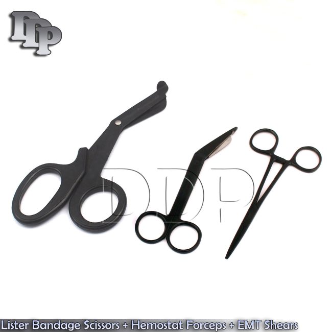 Lister Bandage Scissors 5.5" + Hemostat Forceps 5.5" + EMT Shears Black Coated