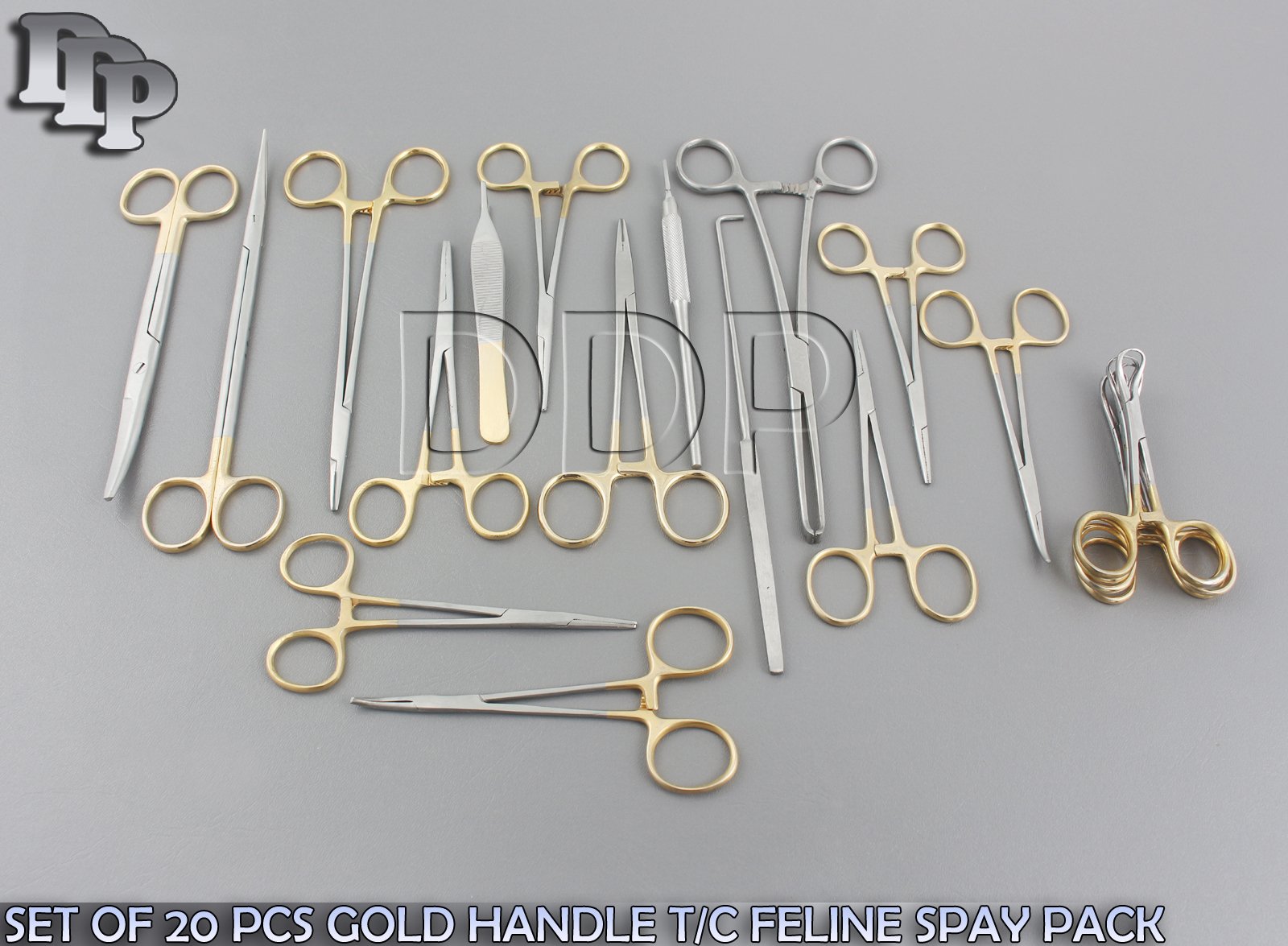 SET OF 20 PCS GOLD HANDLE T/C FELINE SPAY PACK SURGICAL INSTRUMENTS KIT DS-1062 - Image 3