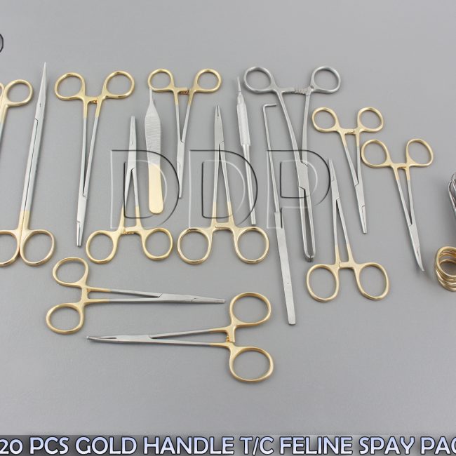 SET OF 20 PCS GOLD HANDLE T/C FELINE SPAY PACK SURGICAL INSTRUMENTS KIT DS-1062