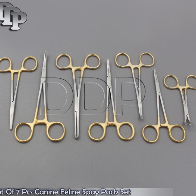 SET OF 7 PCS CANINE FELINE SPAY PACK SURGICAL INSTRUMENTS KIT WITH GOLD DS-820