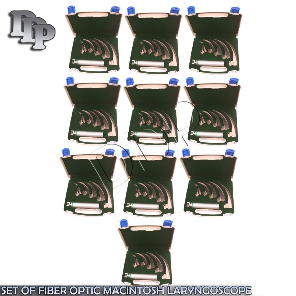 10 SET OF 5 FIBER OPTIC MACINTOSH LARYNGOSCOPE BLADES+ MEDIUM HANDLE SET