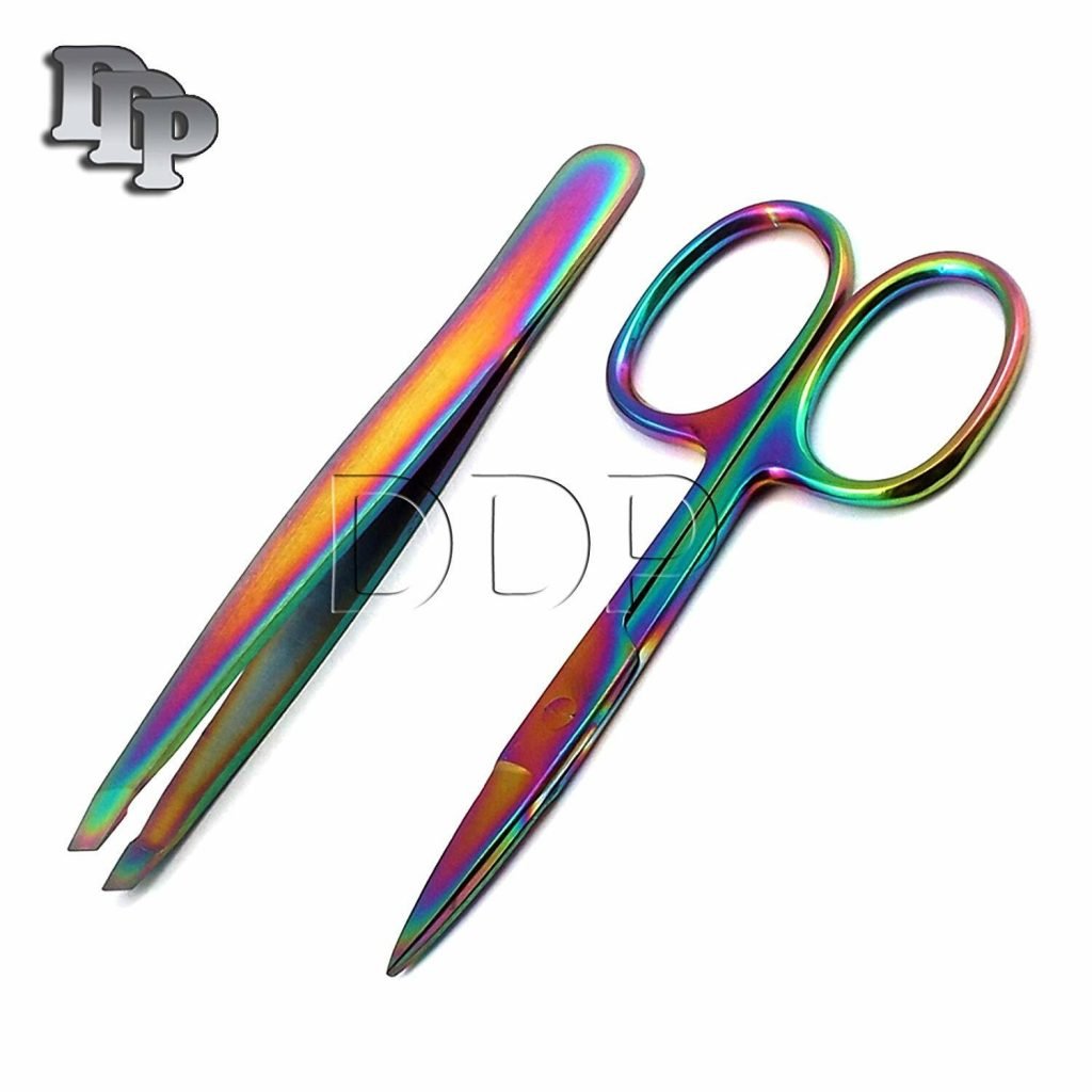2 Pcs Eyebrow Scissor Tweezer Slant Tip Facial Hair Remover Rainbow Makeup Tool