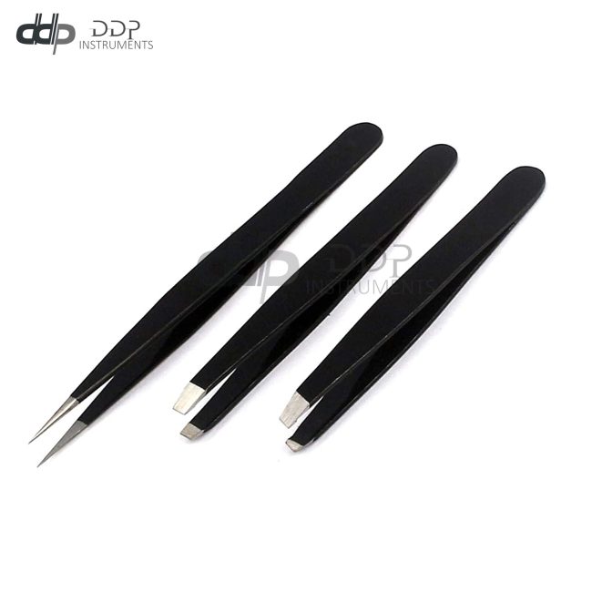 3 Slant & Pointed Tweezers Sets Eyebrow Ingrown Facial & Nose Hair (Black) Color