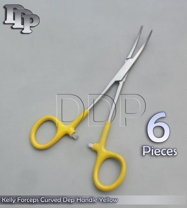 6 Hemostats Kelly Forceps Surgical Instruments, Yellow Dep Handle 5.50" Curved