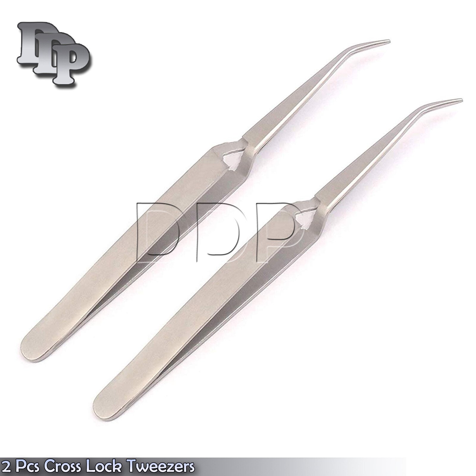 Cross Lock Tweezers Bent Tip Self Locking Reverse Action Stainless 4-3/4" 2pcs