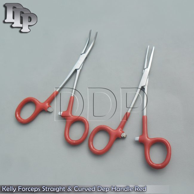 Hemostats Kelly Forceps Surgical Red Dep Handle 5.50" Straight + Curved