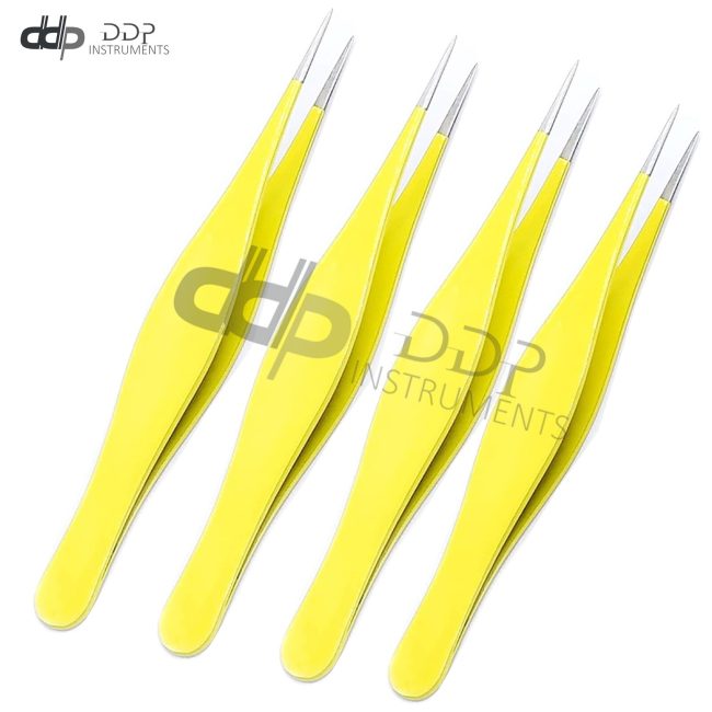 Lot Of 4 Pcs Tweezers For Ingrown Hair Pointed Blackhead Remover Eyebrow Yellow