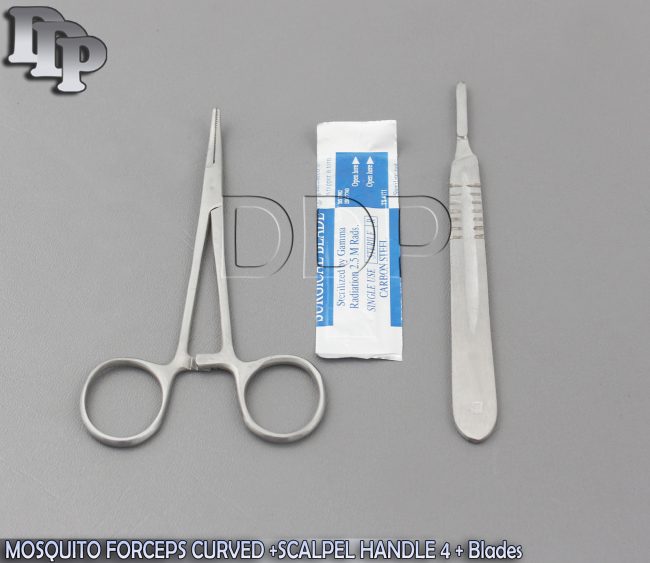 MOSQUITO HEMOSTAT FORCEPS 5" CURVED +SCALPEL HANDLE #4+5 SURGICAL BLADES #24