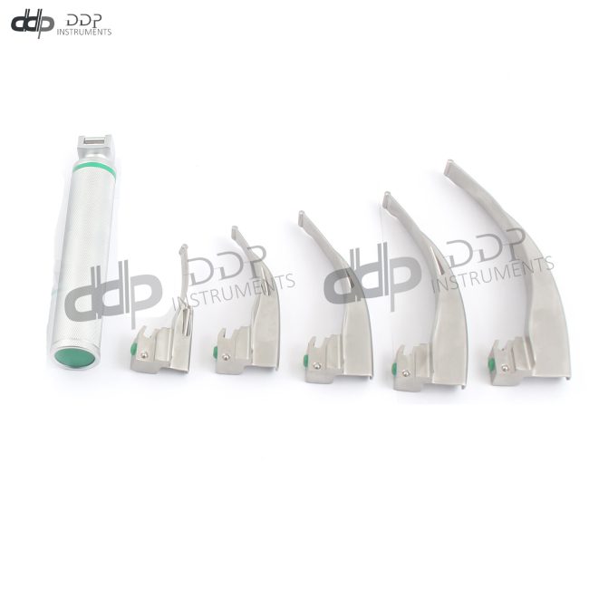 SET OF 5 FIBER OPTIC MACINTOSH LARYNGOSCOPE BLADES+1 MEDIUM HANDLE INTUBATON SET