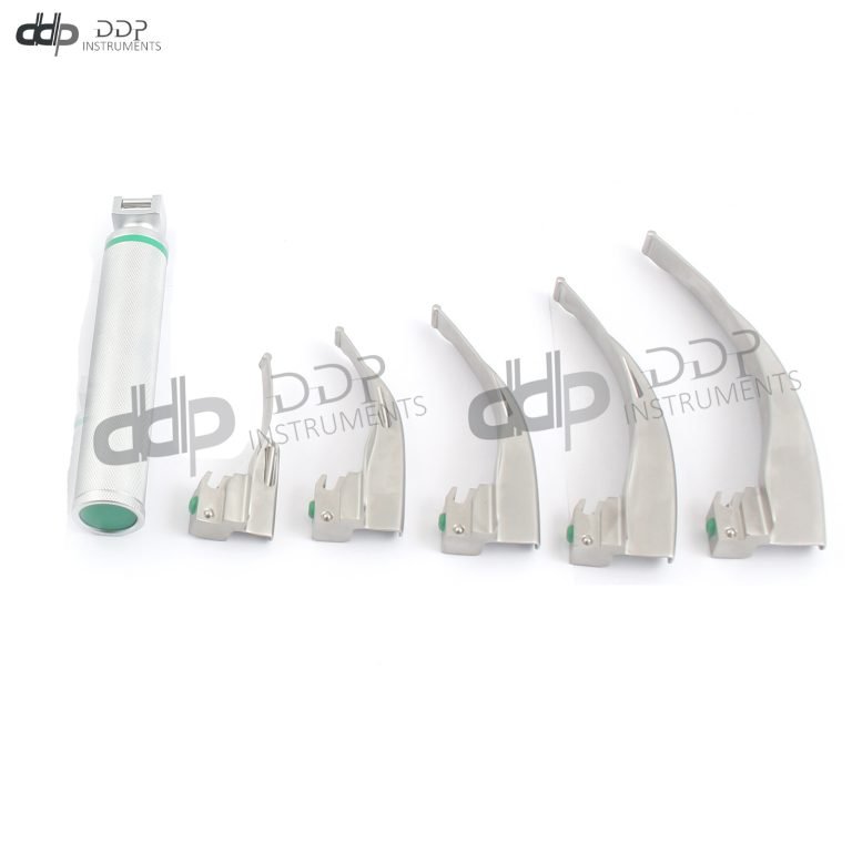 SET OF 5 FIBER OPTIC MACINTOSH LARYNGOSCOPE BLADES+1 MEDIUM HANDLE INTUBATON SET