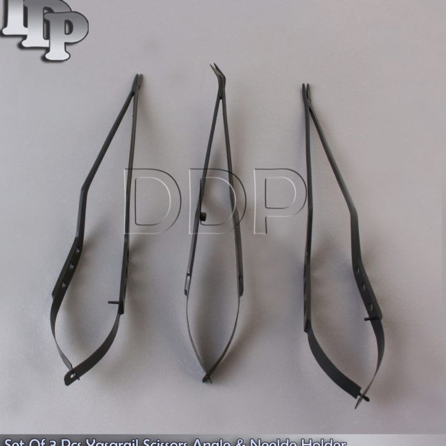 Set Of 3 Pcs Yasargil Scissors Angle & Neelde Holder 8.5" Black Coated Surgical