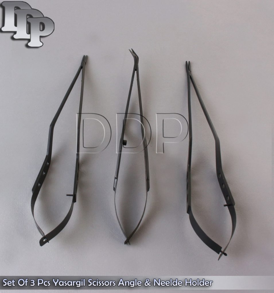 Set Of 3 Pcs Yasargil Scissors Angle & Neelde Holder 8.5" Black Coated Surgical