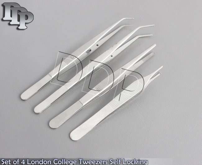 Set of 4 London College Tweezers Self Locking Cotton Dressing Pliers Surgical