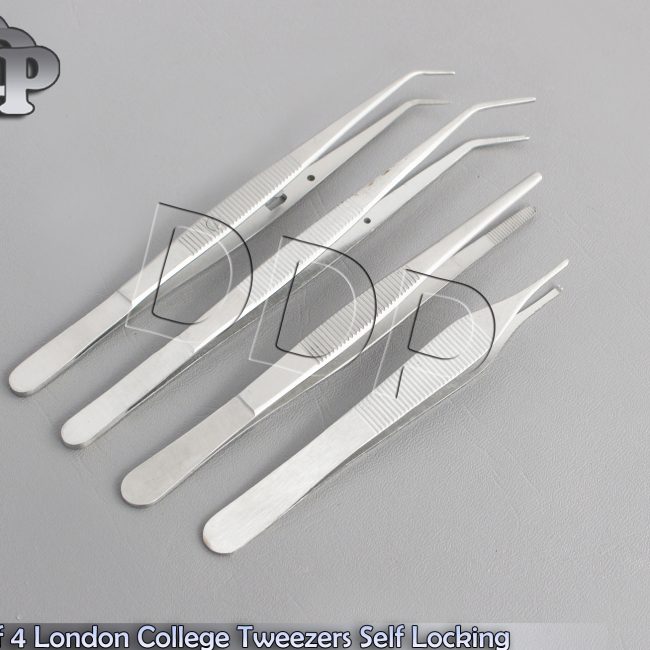 Set of 4 London College Tweezers Self Locking Cotton Dressing Pliers Surgical