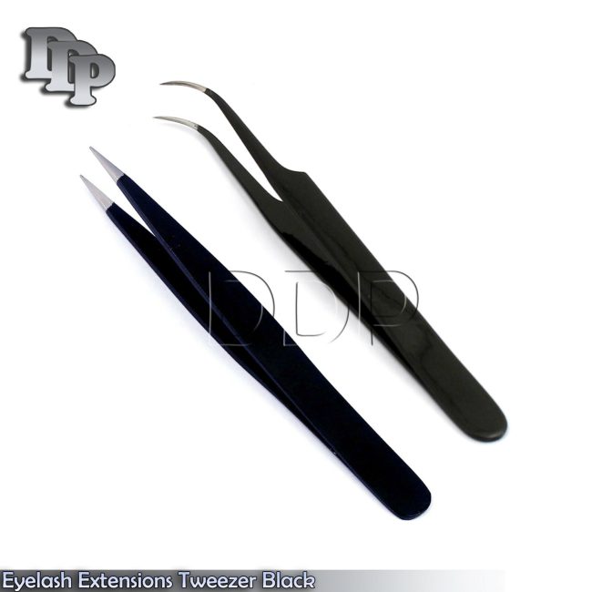 2 Pcs Eyelash Extension Tweezers Straight & Curved Black Tweezers