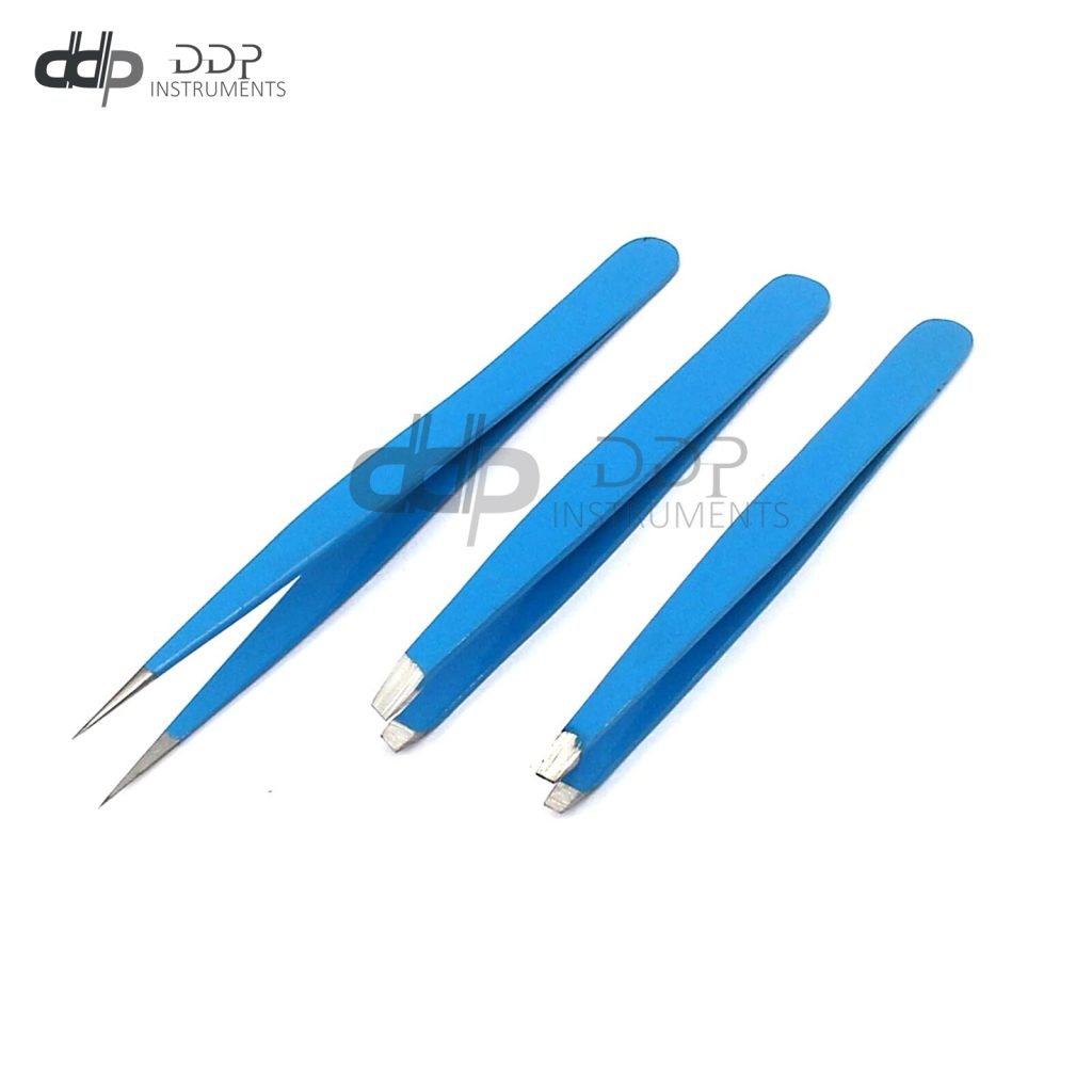 3 Slant & Pointed Tweezer Set Eyebrow Ingrown Facial &Nose Hair (Sky Blue) Color