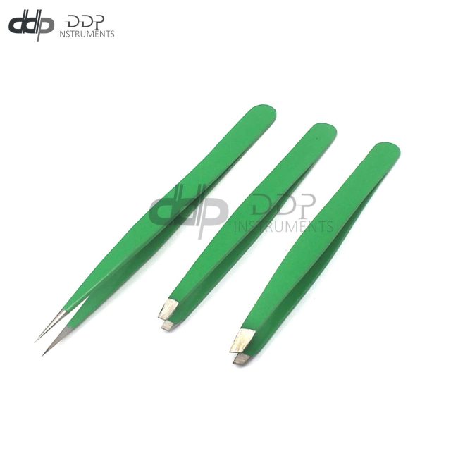 3 Slant & Pointed Tweezers Set Eyebrow Ingrown Facial & Nose Hair (Green) Color