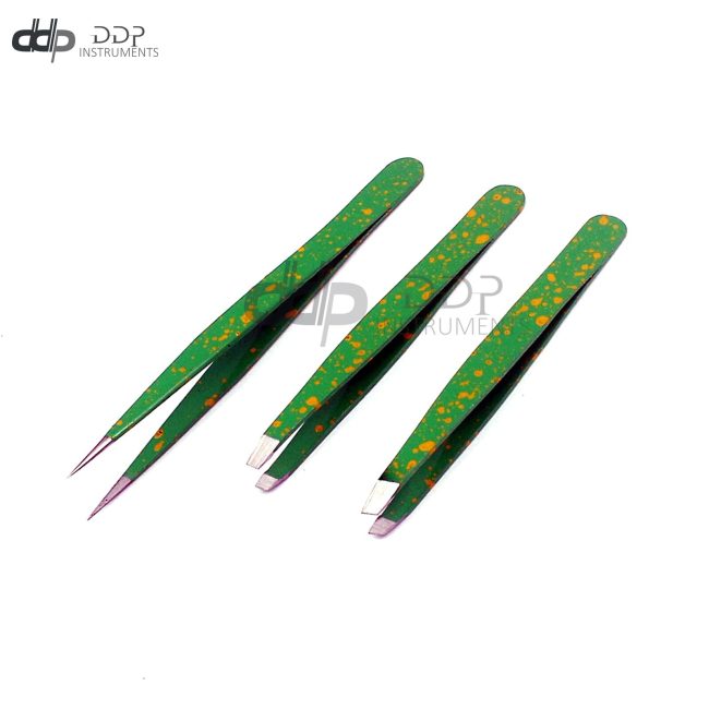 3 Slant & Pointed Tweezers Set Eyebrow Ingrown Facial & Nose Hair Green & Yellow