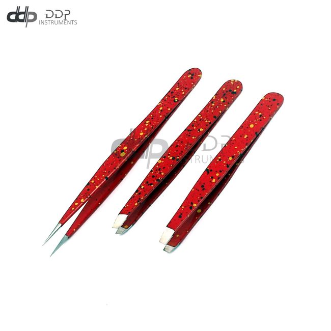 3 Slant & Pointed Tweezers Set Eyebrow Ingrown Facial & Nose Hair (Red & Black)