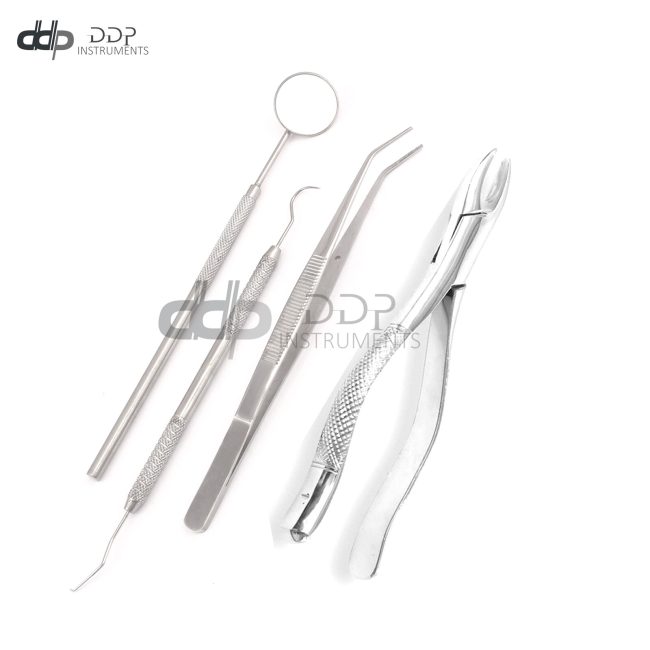 4 PC BASIC DENTAL EXTRACTING FORCEPS #1 COLLEGE PLIERS PROBE MIRROR #5 SET KIT
