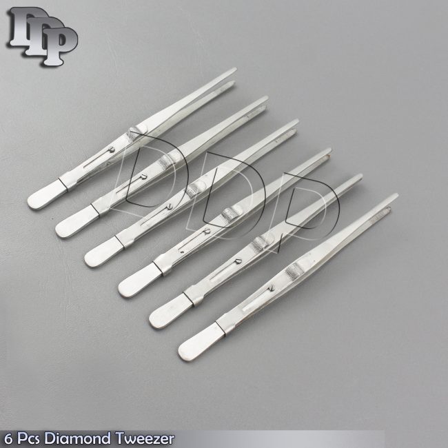 6 PCS DIAMOND TWEEZER GEM & STONE TWEEZERS WITH SLIDE LOCK 6" OVERALL