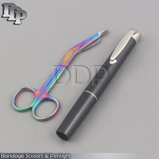 Bandage Scissors Rainbow 4.5" & Black Penlight Medical Surgical Instruments