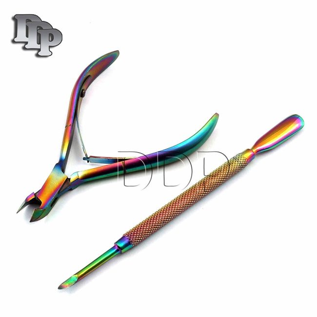 Cuticle Pusher Remover With Nipper Rainbow Stainles Steel Manicure Nail Art Tool