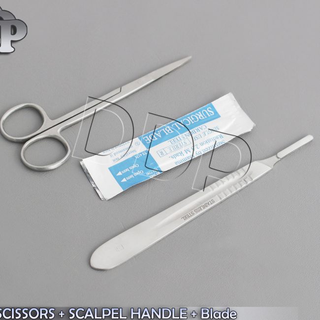 IRIS MICRO SCISSORS STRAIGHT 4.5" + SCALPEL HANDLE #4 + 5 SURGICAL BLADES #24