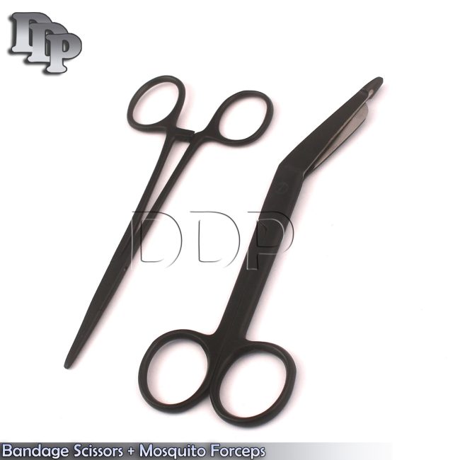 Lister Bandage Scissors 5.5" + Mosquito Forceps Straight Black Coated