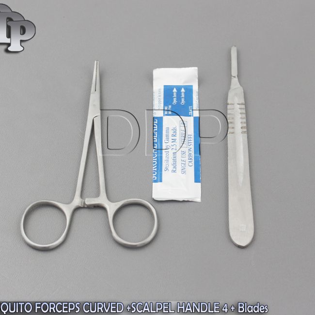 MOSQUITO HEMOSTAT FORCEPS 5" CURVED +SCALPEL HANDLE #4+5 SURGICAL BLADES #23