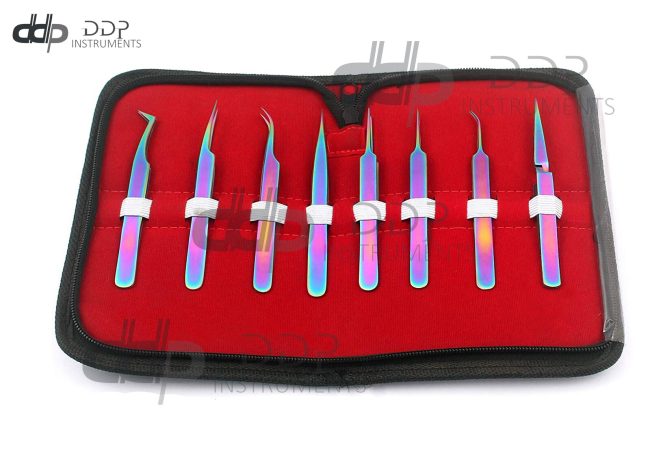 OR Set of 8 Piece Stainless Steel Multi Rainbow Color Eyelash Extension Tweezers