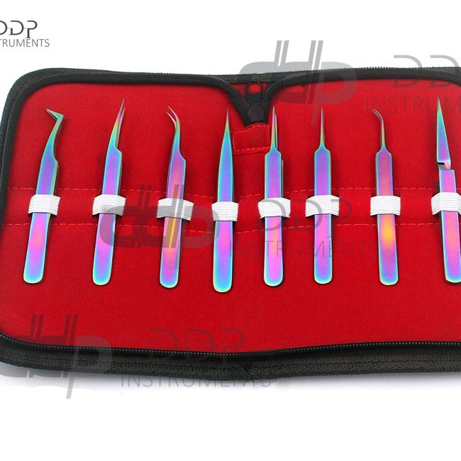 OR Set of 8 Piece Stainless Steel Multi Rainbow Color Eyelash Extension Tweezers