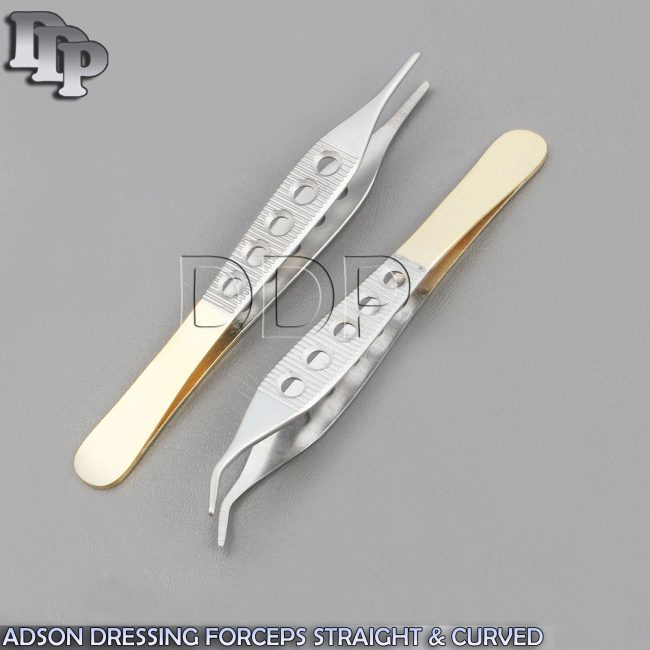 SET OF 2 ADSON DRESSING FORCEPS SERRATED 4.75" STRAIGHT & CURVED FENESTRATED