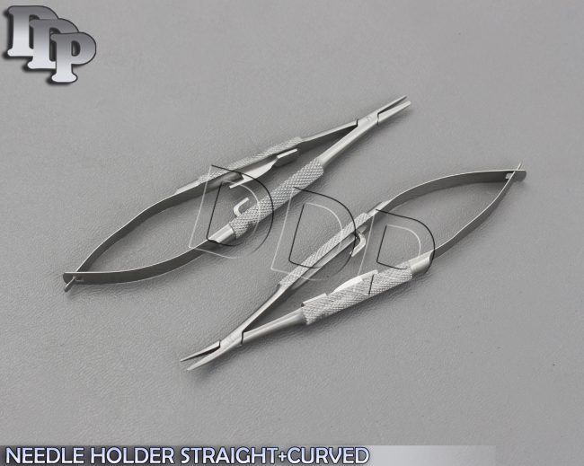 SET OF 2 PCS BARRAQUER MICRO MINOR SURGERY NEEDLE HOLDER STRAIGHT+CURVED 4"