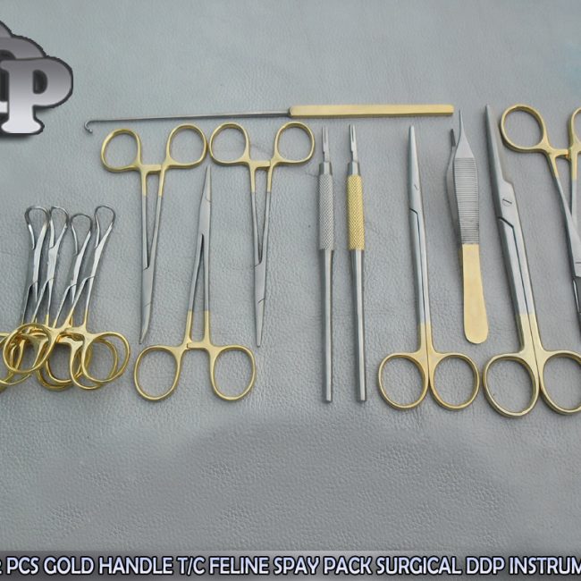 SET OF 22 PCS GOLD HANDLE T/C FELINE SPAY PACK SURGICAL INSTRUMENTS KIT DS-1065