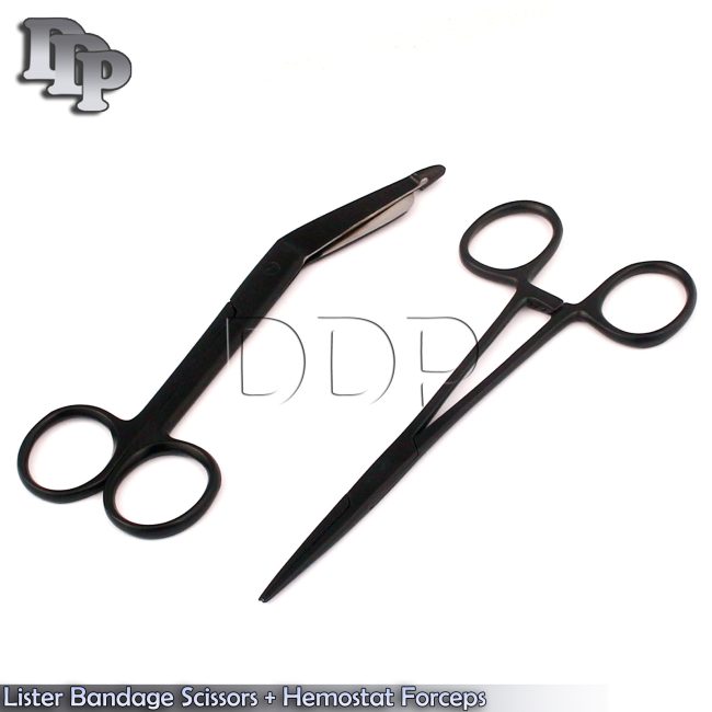 Set of 2 Lister Bandage Scissors 4.5" + Straight Hemostat 5.5" Black Coated