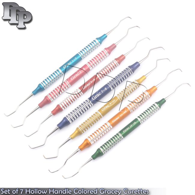 Set of 7 Hollow Handle Colored Gracey Curettes Dental Surgical Instru DN-2540