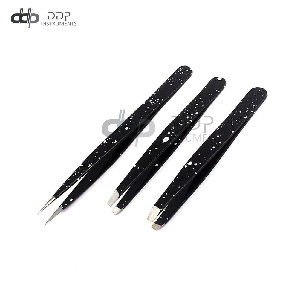 3 Slant & Pointed Tweezers Set Eyebrow Ingrown Facial & Nose Hair (BLK & White)